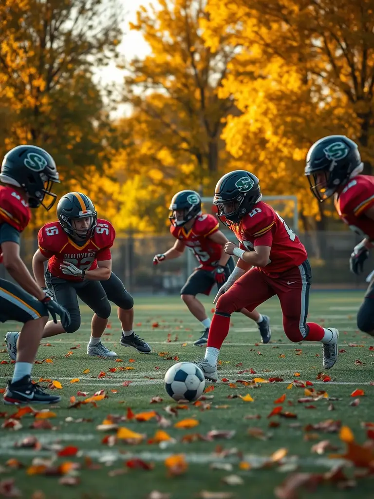 A dynamic image of young football players engaged in a fall camp scrimmage, with autumn leaves scattered around the field, emphasizing competitive play.