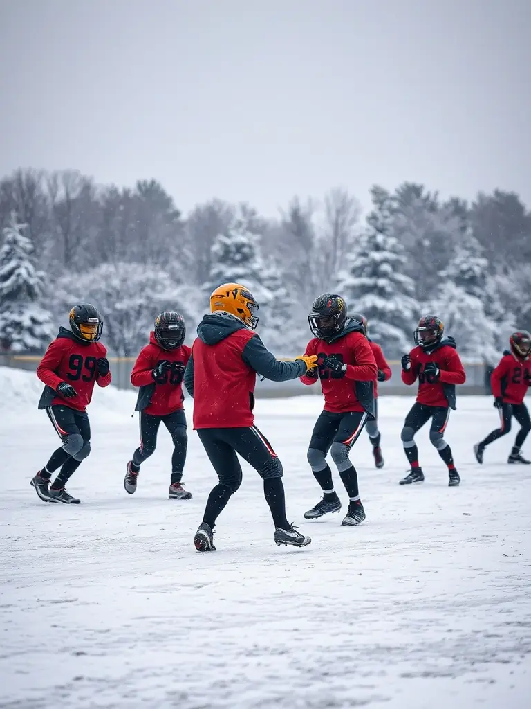 Action shot of young football players participating in a winter camp drill, snow lightly falling in the background, focus on teamwork and agility.