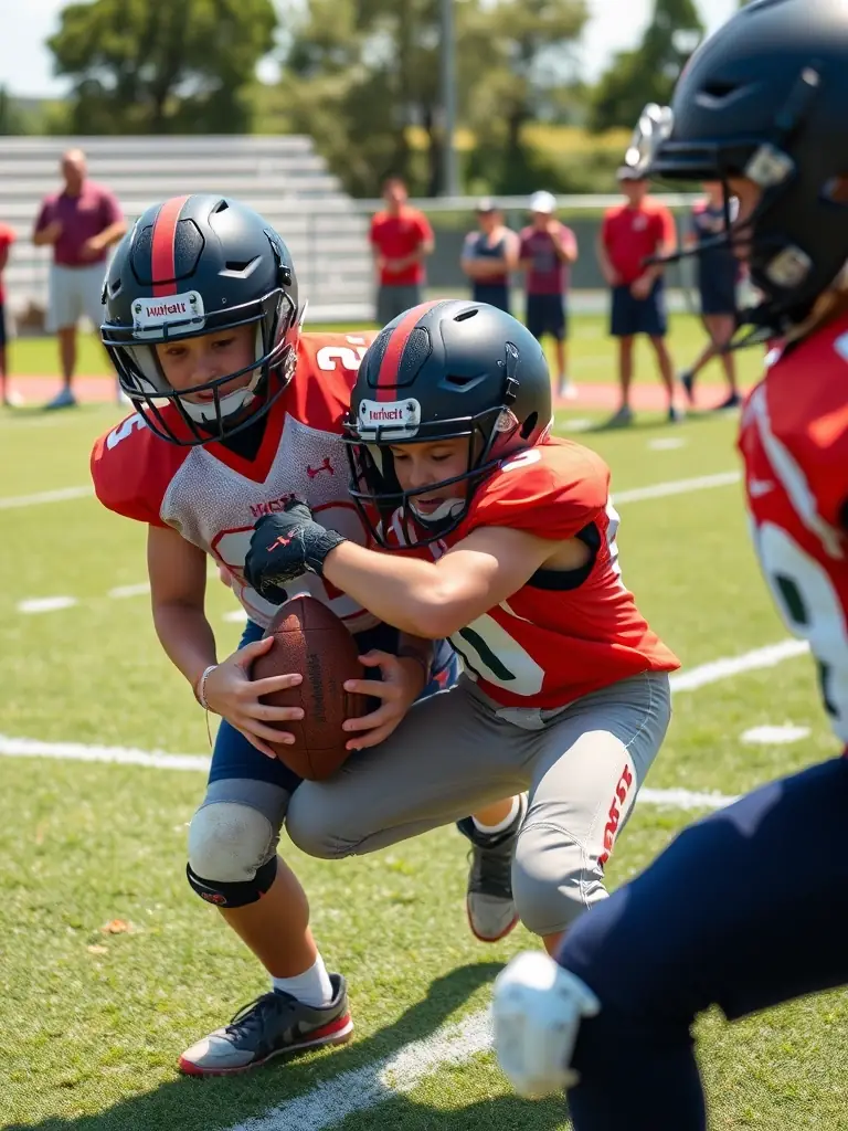Action shot of young football players practicing tackling drills during a summer camp session, focusing on proper technique and safety.