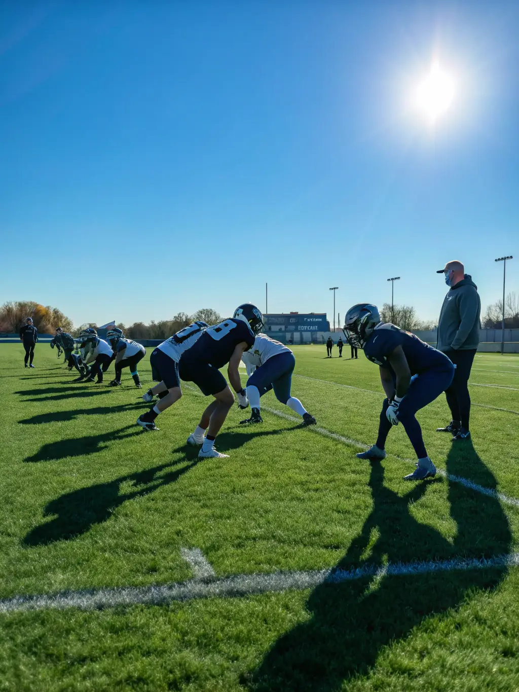 Image of young athletes practicing football skills during the spring camp, showcasing drills and exercises on a well-maintained field.
