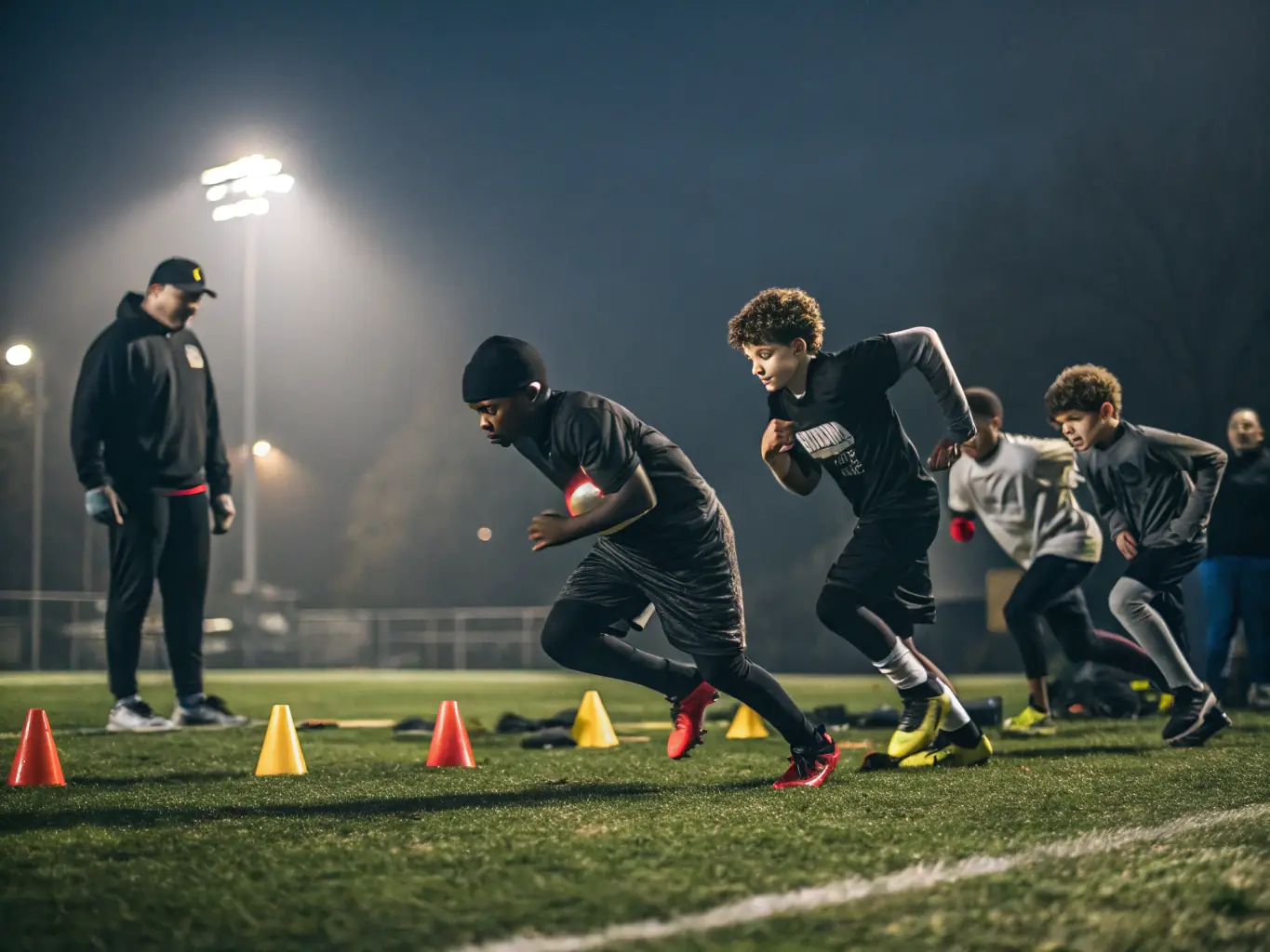 A high-energy image of young athletes participating in football drills, showcasing agility, speed, and precision.