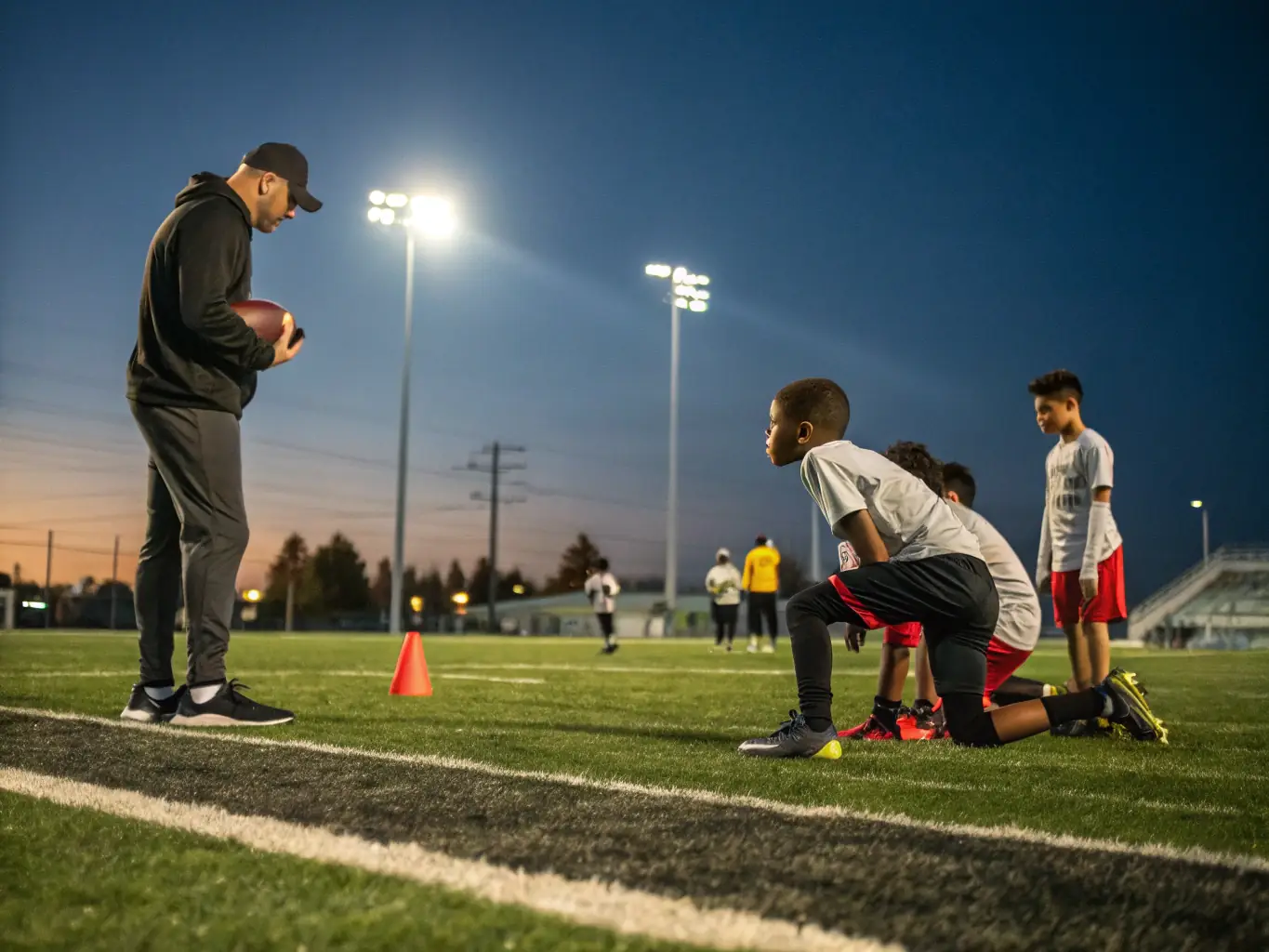 An action-packed scene of a football scrimmage, capturing the excitement, teamwork, and competitive spirit of the game.