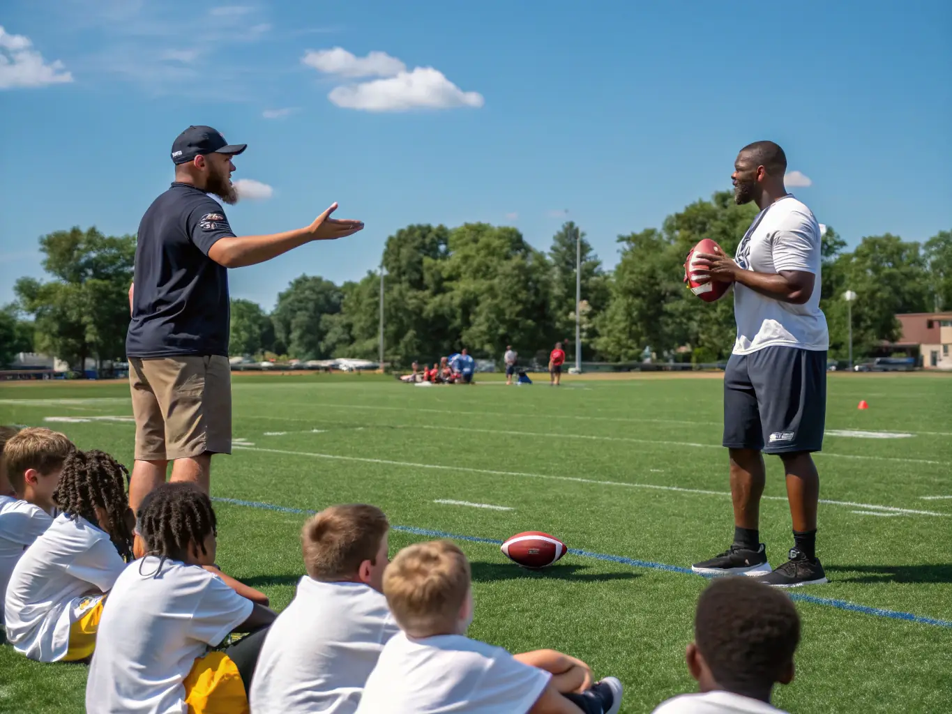 A dynamic shot of football coaches demonstrating a drill to young players on a sunny field, emphasizing hands-on instruction and personalized attention.