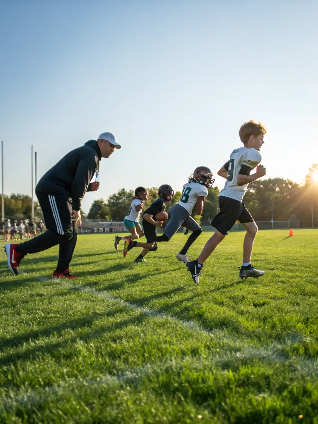 Image of young football players participating in a summer camp session, showcasing drills and exercises on a well-maintained field.